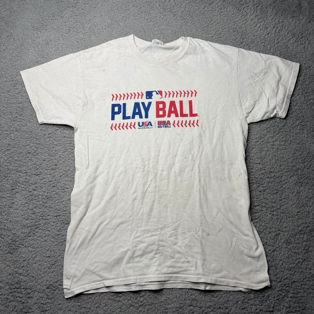 MLB Logo Play Ball Shirt Men's Medium White Graphic Short Sleeve